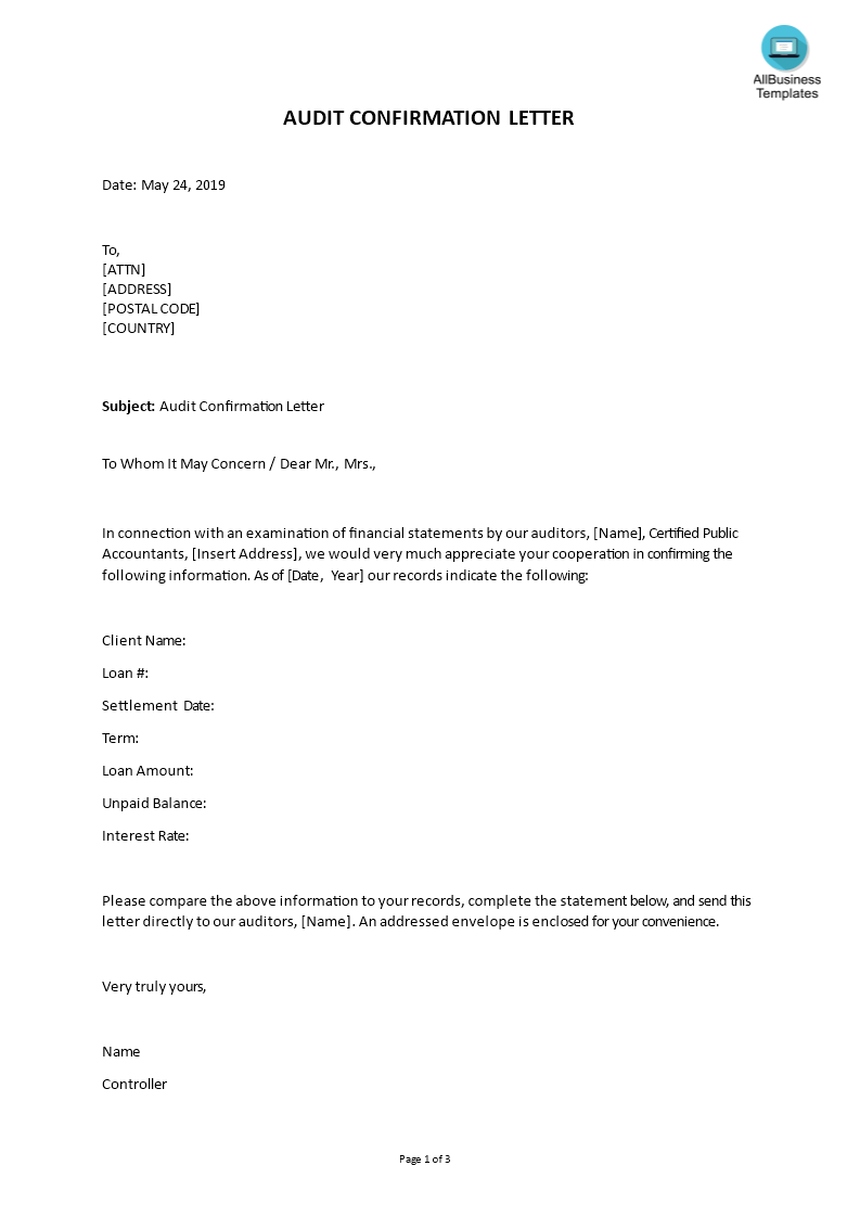 balance confirmation letter for audit purpose