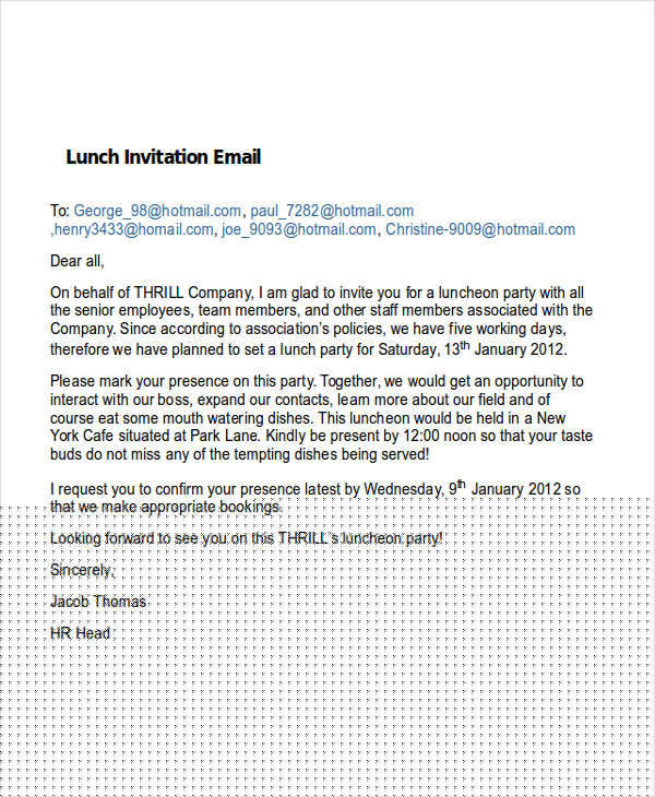business lunch meeting invitation email sample