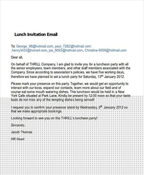 casual lunch invitation email sample