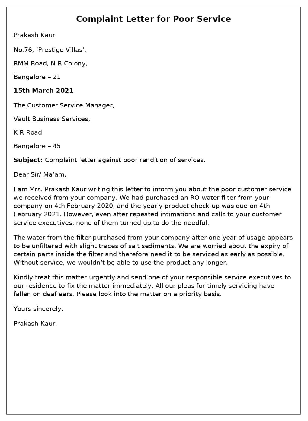 complaint letter for poor service