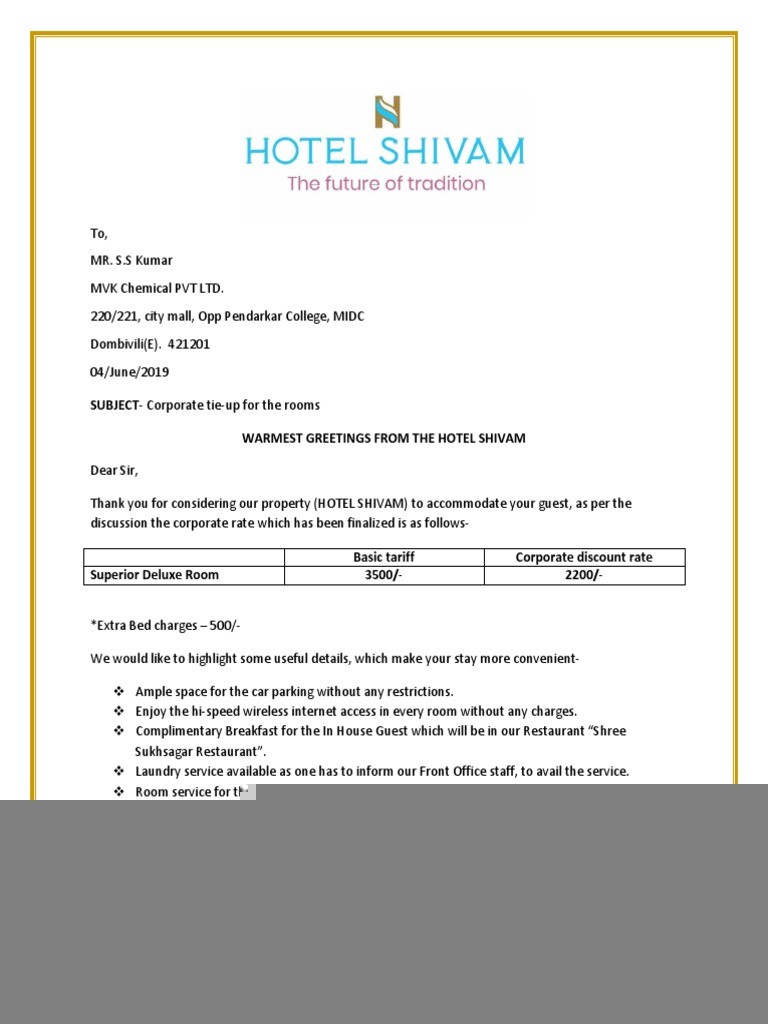 corporate tie up with hotel email