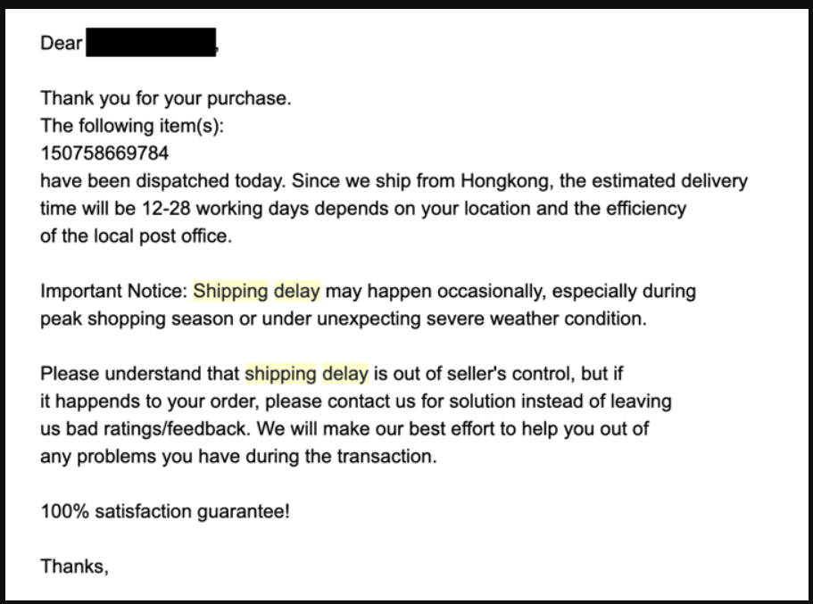 delay in delivery email to supplier
