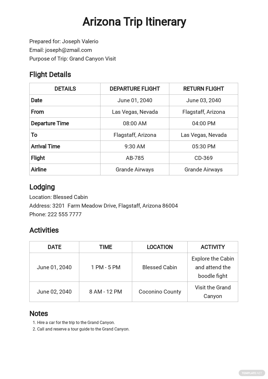 itinerary email sample