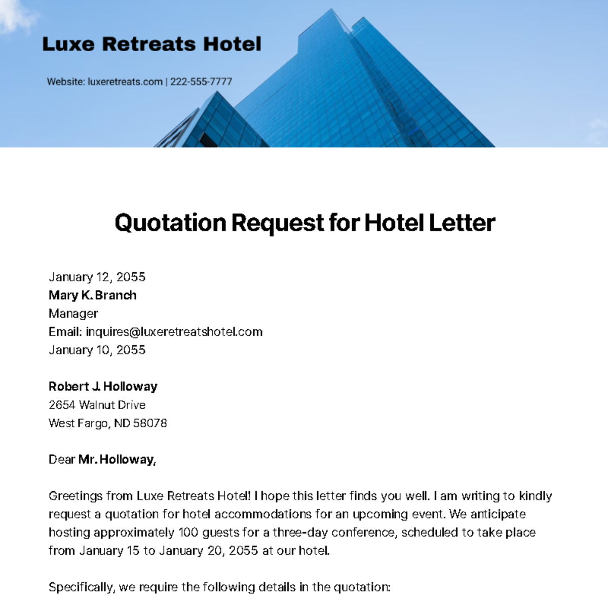 sample email request for hotel room quotation